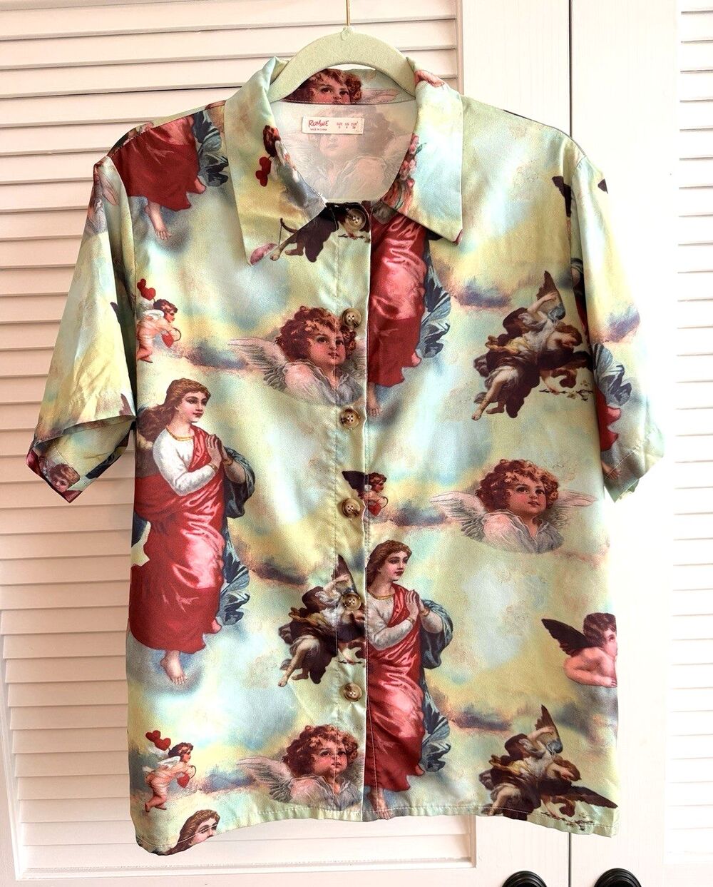 ROMWE Angel Cherub Mens Button Front Shirt Renaissance Art Print Oversized Top S